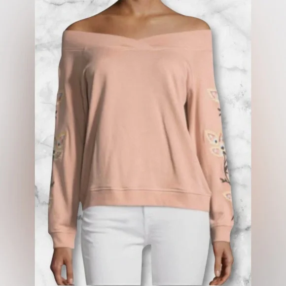 Rebecca Minkoff Off Shoulder Embroidered Sweatshirt Pink Boho Size S - Picture 5 of 12